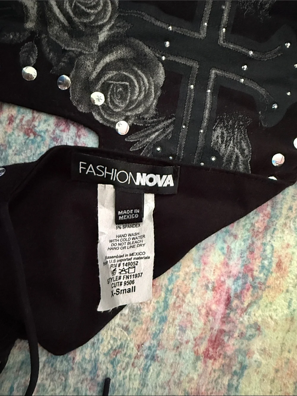 Fashion Nova Black Cross top with Silver Studs and Winged Rose Detail